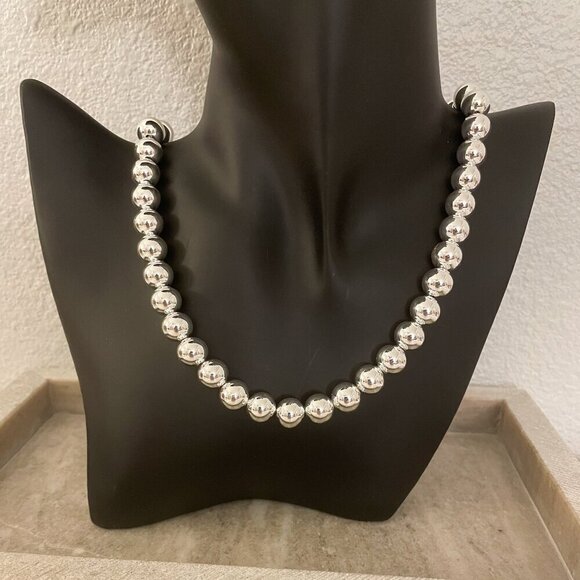 925 Sterling Silver Bead Necklace 10 MM Bead Necklace Ball Statement Necklace - Picture 4 of 4